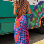 La Bamba Tie-dye Print Back Lace-up Stretch Maxi Dress