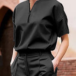 Loose Short Sleeves Solid Color Zipper V-Neck Blouses&Shirts Tops