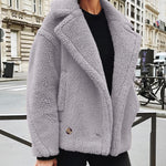 Lapel Fleece Jacket Long Sleeve Pockets Faux Fur Dressy Fall Outfits