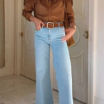 Light blue high-waist wide-leg vintage denim flared pants