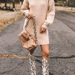 Turtleneck Long Sleeves Ribbed Knit Sweater Dress