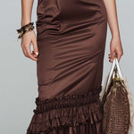 Vintage Elegant Chocolate Satin Ruffle Midi Dress