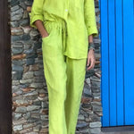 Casual Solid Color V-Neck Shirt & Pants Cotton Linen Two-Piece Set