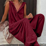 Solid Color Button Hood Sleeveless Jumpsuit