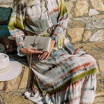 Multicolor Lace Up Tie-dye Print Long Shirt Dress