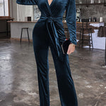 Solid Color Velvet Deep V Belt Slim Jumpsuit