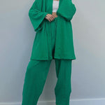 Nadorine Women's Casual Loungewear Set Solid Color Loose Long Sleeve Kimono Cardigan and Pants