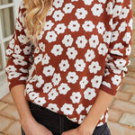 Mock Neck Floral Print Knitted Sweater Color Block Light Weight Sweater