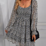 Ribbed Long Sleeve Chiffon Dress Crewneck Elegant Batwing Bohemian Floral Printed Dress