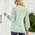 Nadorine V Neck Tops Solid Color Blouse Long Sleeve Pullover Lace Patchwork Shirt