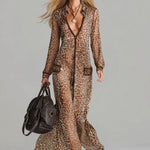 Fashionable And Elegant Brown Chiffon Leopard Print Long Sleeve Maxi Dress
