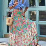 Audrina Bohemian Print Elastic Waist Tassel Maxi Skirt