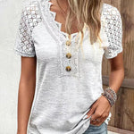 V Neck Lace Ribbed Tops Decoration Button Down T-Shirts Summer Short Sleeve Casual Blouse