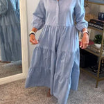 Solid Color Lapel Elastic Cuffs Loose Maxi Dress