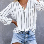 Nadorine Pullover Shirts Long Sleeves Striped Tops Casual V Neck Button Down Blouses