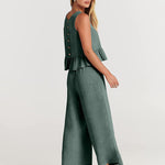 Nadorine 2 Piece Outfits Sleeveless Ruffle Tank Crop Top and Wide Leg Pants Lounge Set with Pockets
