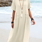 Solid Color Round Neck Short Sleeve Midi Dress Summer Holiday Casual Maxi Sundress