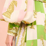 Garden Party Satin Unique Print Balloon Sleeve Belted Shirt Maxi Dress