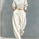 Women's Fashion Cotton And Linen Blend Crew Neck Long Sleeve Shirt Loose Trousers Set