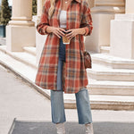Nadorine Plaid Longline Button-Up Shacket Lapel Neck Long Sleeve Shirt Pocket
