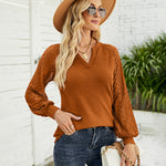Nadorine V Neck Tops Solid Color Blouse Long Sleeve Pullover Lace Patchwork Shirt