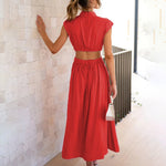 Stand Collar Solid Color Hollow Waist Long Dress