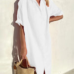 Turn-Down Collar Short Sleeve Single Breasted Loose Shirt Dress Solid Color Summer Beach Dresses