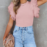 Solid Color Round Neck Pullover Slim Fit Lotus Leaf Sleeve T-shirt