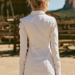 Retro-chic White Distressed Denim Collared Zip-up Long-sleeve Mini Dress
