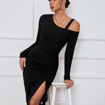 Sexy Drawstring Slit Off Shoulder Long Sleeve Dress