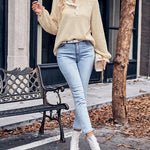 Solid Color Stand Collar Lace Long Sleeve Top Pullover