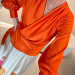Satin Solid Color V-neck Tie Up Long Sleeve Loose Shirt