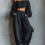 Women's Minimalist Linen Blend Strapless Long-sleeved Blouse And Wide-leg Pants Set