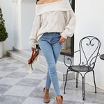 Knit Off-The-Shoulder Slim Soft Long Sleeve Pullover Sweater