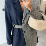 Nayla Plaid Contrast Color Belted Long Sleeve Lapel Blazer and Pocketed Wide Leg Pants Set