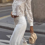 French-style lace openwork collared puff sleeve short shirt