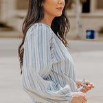 Nadorine Long Sleeve V-Neck Stripes Casual Blouses Button Down Shirt Tops