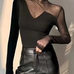Long Sleeves Skinny Asymmetric Solid Color Split-Joint High Neck T-Shirts Tops