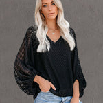 Nadorine Sweet Cute Blouse Loose Puff Sleeve Mesh Patchwork V-Neck Top
