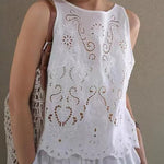 Linen Blend Solid Color Hollow Loose Vest and Elastic Waist Casual Pocket Wide Leg Pants Set