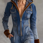 Vintage Casual Western Hooded V-neck Zipper Velvet Stitching Blue Denim Jumpsuit