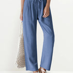 High Waist Trousers Solid Color Palazzo Pant Beach Casual Boho Drawstring Bottoms