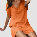 Loose Leisure V-Collar Short Sleeve Summer Cotton Linen Dresses