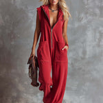 Retro Fashiona Sporty Hooded V-neck Front Zipper Raspberry Red Cotton Jumpsuit