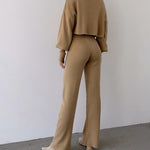 Women's Knitted Two Pieces Sets Turtleneck Cropped Sweater with High-waisted Flared Pants