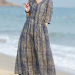 V-neck Half Sleeve Retro Striped Print Waist Midi Dress