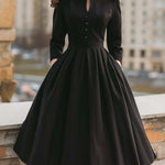 A-Line High Waisted Buttoned Pleated Pockets Solid Color Stand Collar Midi Dresses