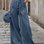 Short Sleeves Solid Color Tied Waist V-Neck Denim Jumpsuits