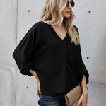 Nadorine V-Neck Long Sleeve Buckle T-Shirt Plain Shirts Shirt Top Elegant Shirts Casual Slim Fit Basic