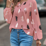 Nadorine Loose V-Neck Feather Print Notched Neck Balloon Sleeve Shirt for Women Casual Work Office Loose Fit 2026 | Under $40